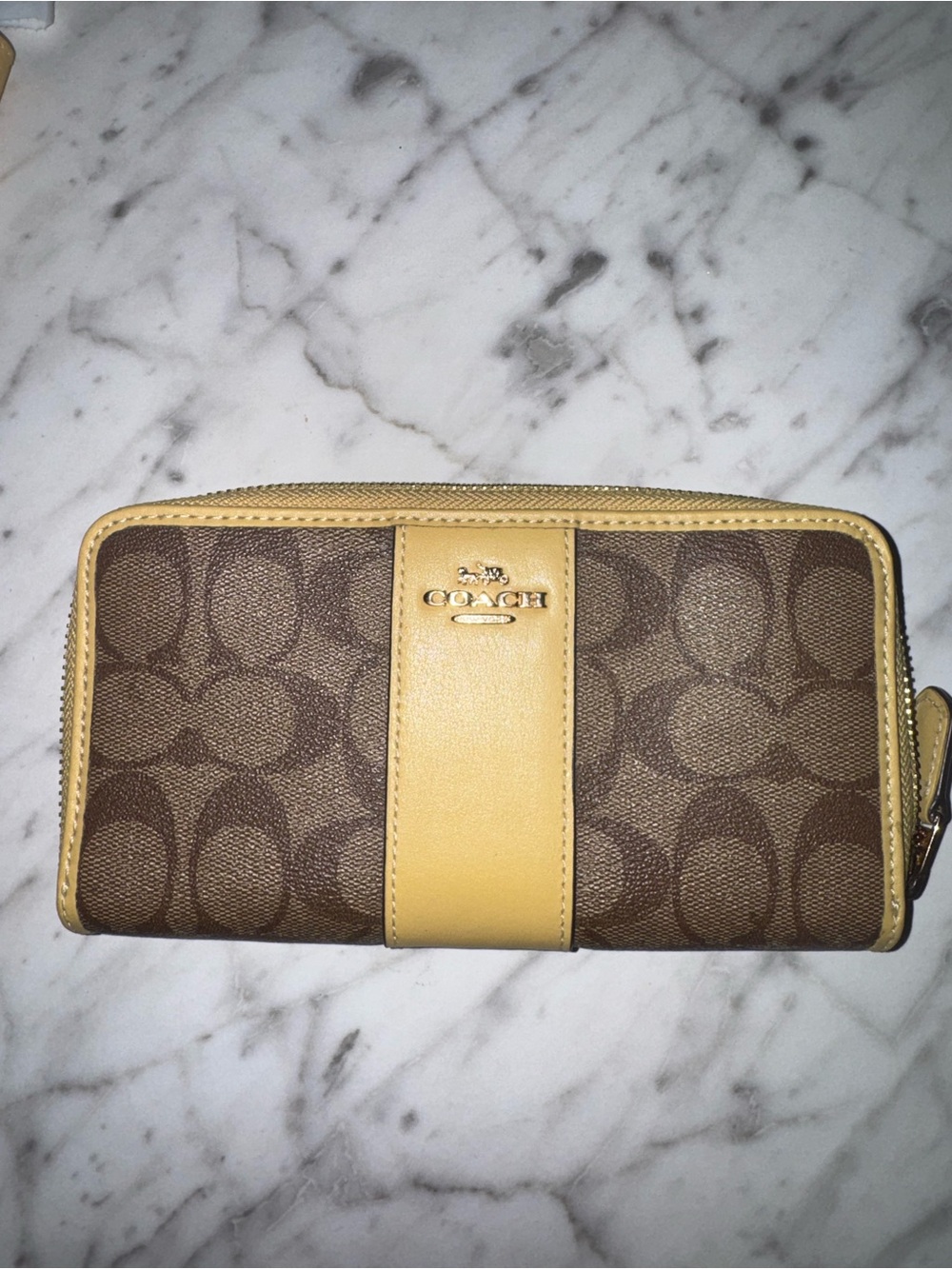 Coach Brown Signature Canvas Wallet with Yellow Stripe